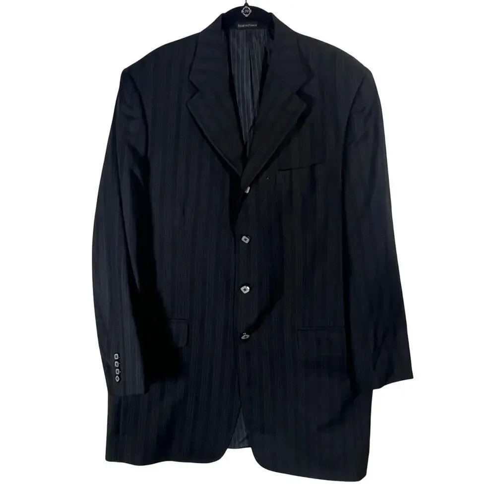 Tiglio Baroloz 100% Virgin Wool 150 Black Pin Striped Men’s Suit Jacket Long VTG